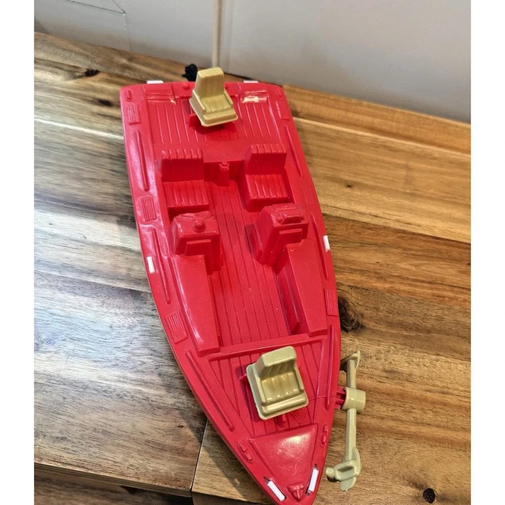 Vintage American Plastic Toys Red White Power Speed Boat Tan Seats Propeller